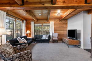 Carpeted living area featuring rustic walls and a wooden ceiling with exposed beams