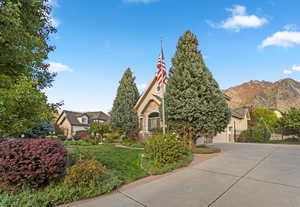View of property hidden behind natural elements featuring stone siding and concrete driveway
