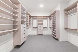 Walk in closet featuring light carpet