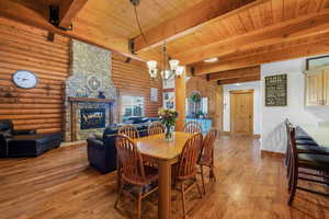 Dining room featuring wood finished floors, a stone fireplace, a wood ceiling with exposed beams, and a chandelier