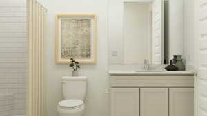 Full bathroom with vanity and shower / bath combination with curtain