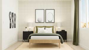 Bedroom featuring tile walls