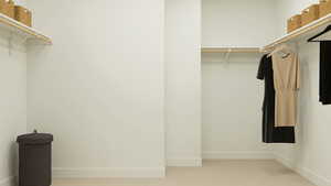Walk in closet featuring light colored carpet