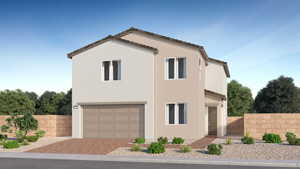 View of front of home with stucco siding, a garage, and decorative driveway