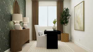 Sitting room featuring wallpapered walls