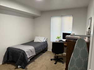 Carpeted bedroom with an office area and baseboards
