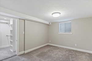 Below grade area featuring light carpet and a textured ceiling