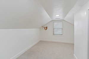 Bonus room featuring light colored carpet, vaulted ceiling, and a textured ceiling