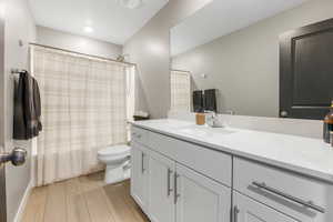 Bathroom featuring vanity, light wood-style floors, and shower / bath combo