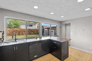 Kitchen with dark cabinetry, light wood-type flooring, dishwasher, a textured ceiling, and recessed lighting