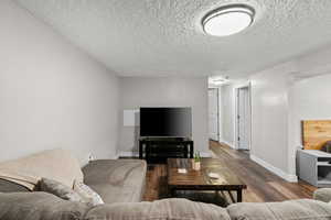 Living room featuring wood finished floors and a textured ceiling