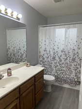 Bathroom with dark wood-style flooring, vanity, and curtained shower