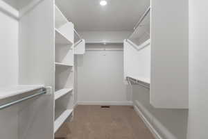 Spacious closet with light carpet