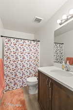 Bathroom featuring vanity, dark wood-type flooring, and curtained shower
