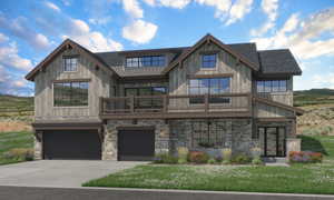 Modern inspired farmhouse featuring a standing seam roof, a metal roof, stone siding, a garage, and driveway
