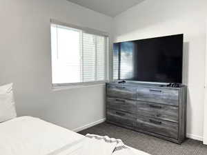 Bedroom with dark carpet and baseboards