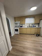 Kitchen with arched walkways, light countertops, light wood-style floors, gas range gas stove, and cream cabinetry