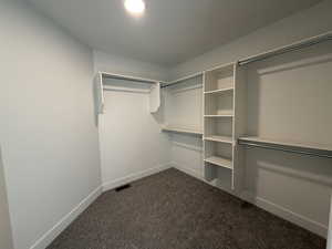 Walk in closet featuring dark carpet