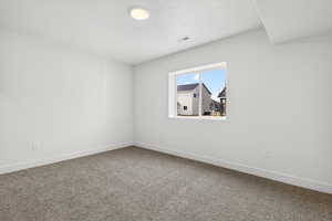 Unfurnished room with a textured ceiling and carpet flooring