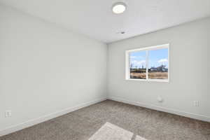Carpeted empty room with baseboards and a textured ceiling