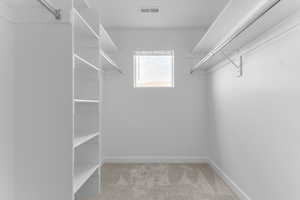 Walk in closet with light colored carpet