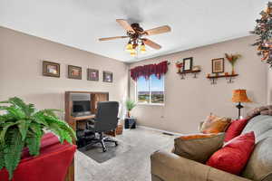 Office space featuring carpet floors, a ceiling fan, and a textured ceiling