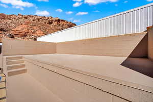 View of patio featuring a mountain view