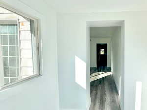 Hallway with dark wood-style flooring and baseboards