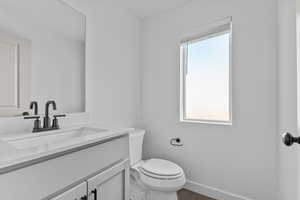 Half bath with vanity, healthy amount of natural light, and dark wood-type flooring
