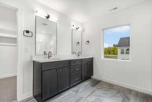 Bathroom with a walk in closet, double vanity, and an enclosed shower