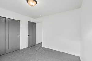 Unfurnished bedroom featuring carpet and a closet