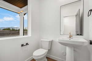 Bathroom featuring a mountain view and dark wood-type flooring