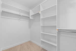 Walk in closet with light colored carpet