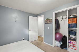 Bedroom with carpet flooring, a textured ceiling, and a closet