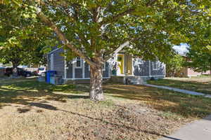 Obstructed view of property with a front lawn
