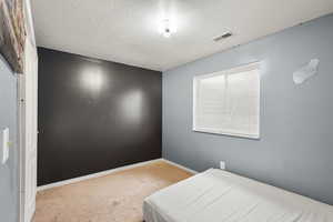 Bedroom with a textured ceiling and light carpet