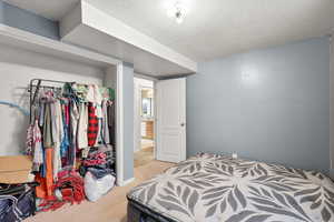 Bedroom featuring light colored carpet, a textured ceiling, and a closet