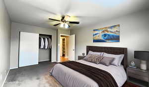 Virtually Staged - Bedroom with carpet floors, a closet, and a ceiling fan