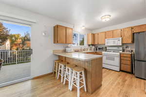 Kitchen featuring a breakfast bar area, white appliances, light countertops, a peninsula, and light wood-type flooring