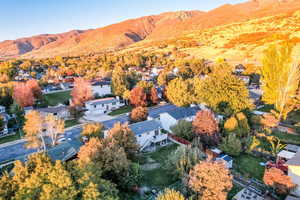 Aerial perspective of suburban area with mountains