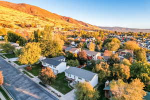 Aerial perspective of suburban area with a mountainous background