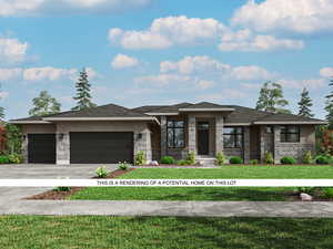 Prairie-style home with stone siding, a front yard, a garage, driveway, and stucco siding