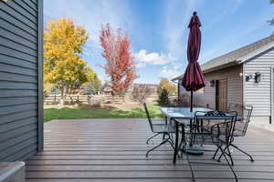 Wooden deck with outdoor dining space and a fenced backyard