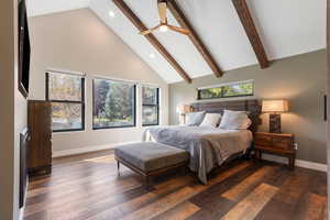 Bedroom featuring high vaulted ceiling, recessed lighting, beamed ceiling, dark wood-type flooring, and ceiling fan