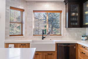 Kitchen with dishwasher, light stone countertops, glass insert cabinets, backsplash, and plenty of natural light