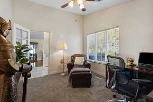 Office area featuring carpet, plenty of natural light, and a ceiling fan