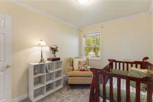 Carpeted bedroom with ornamental molding and baseboards