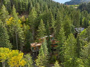 View from above of property with a forest