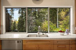 Kitchen with stainless steel dishwasher, view of wooded area, and tile counters