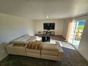 Carpeted living room with a textured ceiling